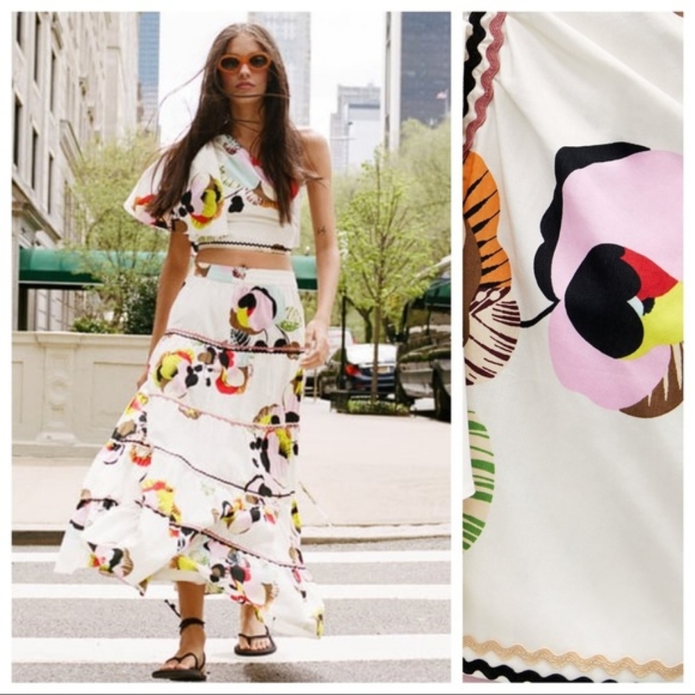ZARA Co-ord Set asymmetric printed top SZ S+ Tiered Maxi Skirt floral Sz M